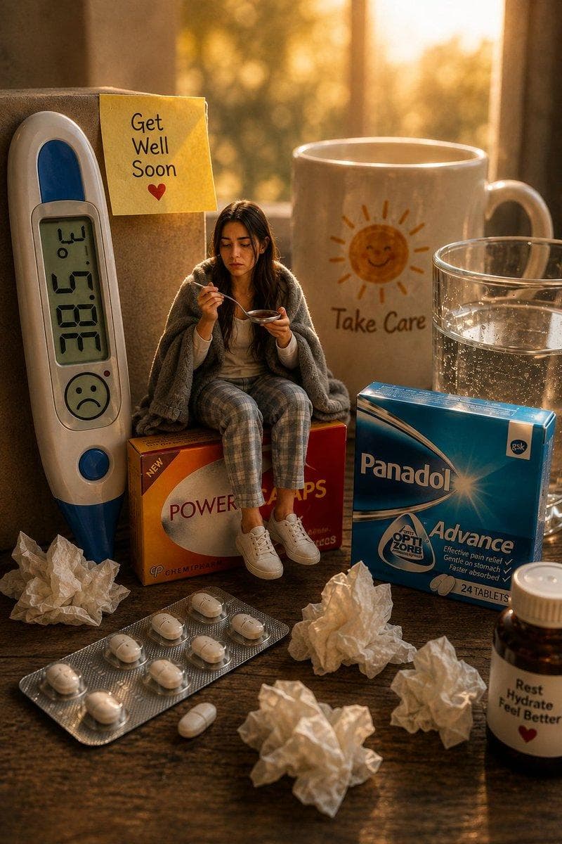 Create a surreal, ultra-realistic miniature cinematic scene based on the reference image. A tiny young woman is sitting on top of an oversized medicine box on a wooden tabletop, surrounded by giant everyday sick-day objects. She looks tired and slightly unwell, wrapped comfortably in a soft gray blanket and wearing a light cream/white top with gray plaid pajama pants and clean white sneakers. IMPORTANT CHARACTER: Use the woman from my uploaded reference photo as the main miniature character. Preserve her exact facial identity, facial structure, skin tone, long dark-brown hair, hairstyle, eyes, nose, lips, and recognizable features. Do not change her into a different person. Keep her feminine appearance natural and realistic. POSE: She is sitting naturally on the oversized medicine box with her legs hanging down slightly. One hand holds a small spoon containing medicine while the other hand holds a small medicine cup/bowl. Her expression should look tired, slightly sick, and emotionally natural, not exaggerated or cartoonish. HANDS AND FEET: Make both hands anatomically correct with five natural fingers on each hand, realistic finger length and joints, properly connected wrists, natural gripping of the spoon and cup, and no fused, duplicated, missing, or distorted fingers. Make both feet anatomically correct with realistic proportions and clearly separated shoes. She must wear clean, simple WHITE sneakers with realistic laces, soles, stitching, and shadows. ENVIRONMENT: Create a giant miniature-world composition around her: - An oversized digital thermometer standing on the left, showing 38.5°C with a subtle sad-face icon. - A yellow sticky note behind her reading “Get Well Soon” with a small red heart. - A giant warm ceramic mug in the background with a simple smiling sun illustration and the words “Take Care”. - A large transparent glass of water beside the mug. - A large blue Panadol Advance medicine box positioned prominently on the right. - A large medicine box beneath the woman. - Several realistic medicine tablets in a silver blister pack scattered across the wooden table. - A few loose tablets nearby. - Multiple crumpled white tissues scattered naturally around the foreground. - A small medicine bottle on the right with a simple caring label. - Warm sunlight entering from the background through a window. COMPOSITION: Vertical portrait composition, miniature photography aesthetic, realistic forced perspective, giant everyday objects surrounding a tiny human character. The woman should look physically present in the scene, not pasted or composited. Correct scale relationships between the woman and all surrounding objects. LIGHTING: Warm golden morning sunlight…