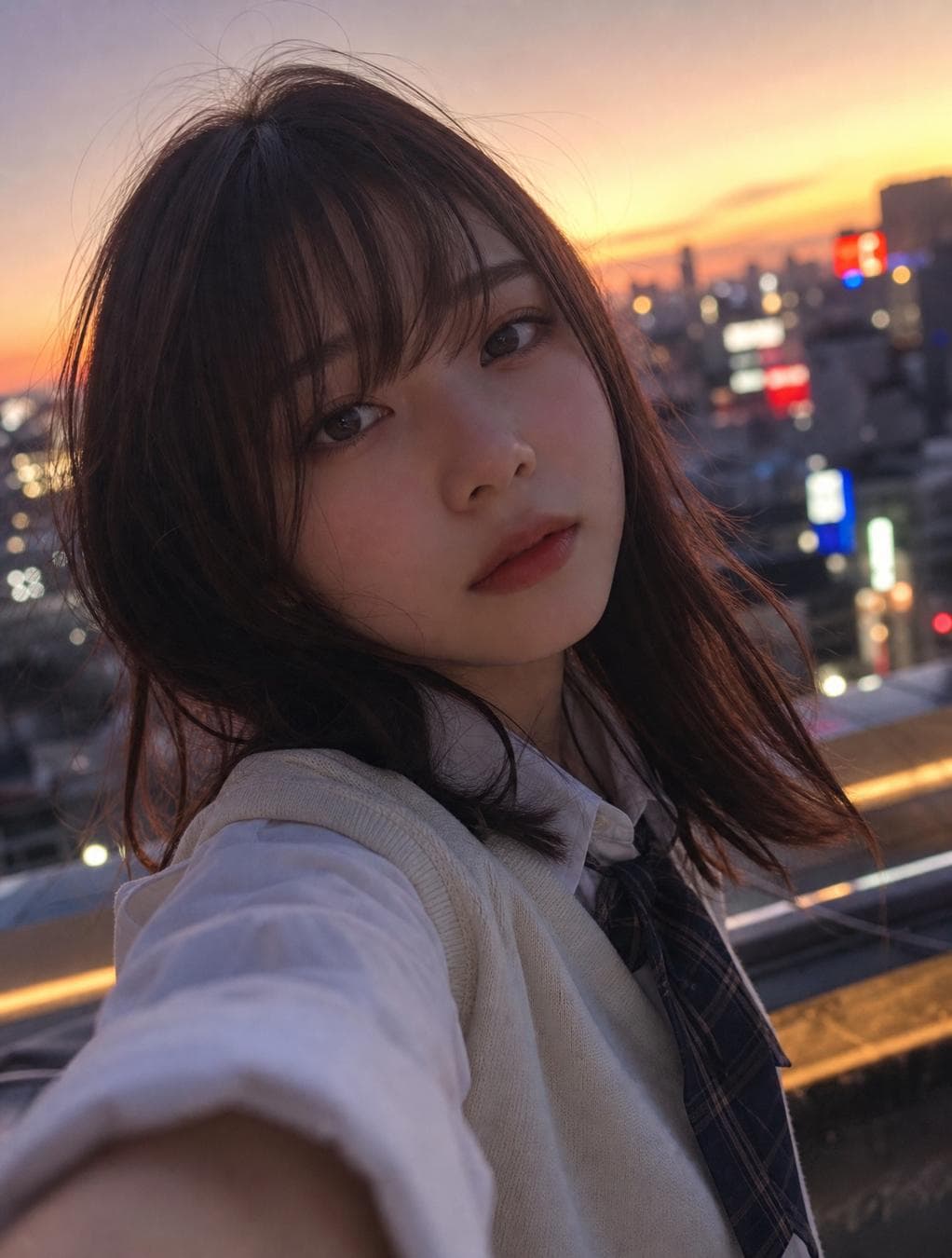 エモーショナルな雰囲気で、夕暮れ時の柔らかな光に包まれた日本人女子大生の自撮り写真。彼女の表情は少し憂いを帯びており、背景には都会のネオンがぼんやりと滲んでいる…