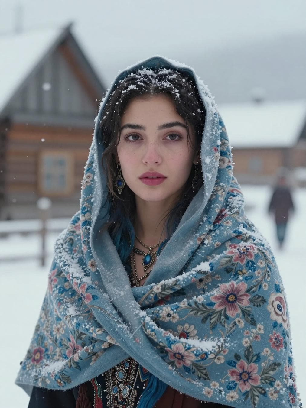 A cinematic portrait of a young Roma woman standing in a snowy village, softly falling snowflakes surrounding her. She wears a delicate blue floral shawl wrapped around her head and shoulders, dusted with snow. Her skin is deep olive with a natural glow, full soft pink glossy lips, and expressive dark eyes looking slightly to the side. She has round features, light freckles, dark hair with blue highlights. She wears an intricately detailed chain necklace and earrings. Her expression is calm and introspective. The background shows a blurred wooden cabin and a faint…