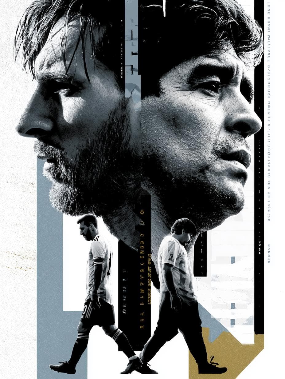 reate an ultra-premium oversized t-shirt graphic, isolated on a transparent background (PNG only, no t-shirt mockup, no background scene). Design a bold, minimalist football tribute featuring Lionel Messi and Diego Maradona in a powerful editorial composition. A massive black-and-white dual portrait dominates the upper portion of the artwork—Messi and Maradona facing opposite directions with highly realistic facial features, natural expressions, cinematic lighting, realistic skin texture, and dramatic depth.In the foreground, feature full-body silhouettes of Messi and Maradona confidently walking forward side by side in iconic Argentina-inspired football kits, rendered in a clean, modern, high-fashion sports aesthetic. Use subtle movement and realistic proportions while keeping the composition balanced and premium.Integrate bold vertical typography seamlessly through the portraits using modern cutout and masking techniques. Include clean, oversized text such as "MESSI", "MARADONA", "10", or "LEGENDS NEVER DIE", blended into the artwork with luxury editorial styling. Keep typography minimal, elegant, and impactful.Maintain a monochrome black-and-white palette with selective Argentina sky blue, white, and gold accents, plus subtle geometric shapes and premium graphic elements for contrast. Add soft shadows, layered depth, and cinematic highlights to create a museum-quality sports poster feel.The overall design should resemble a luxury fashion campaign rather than a…