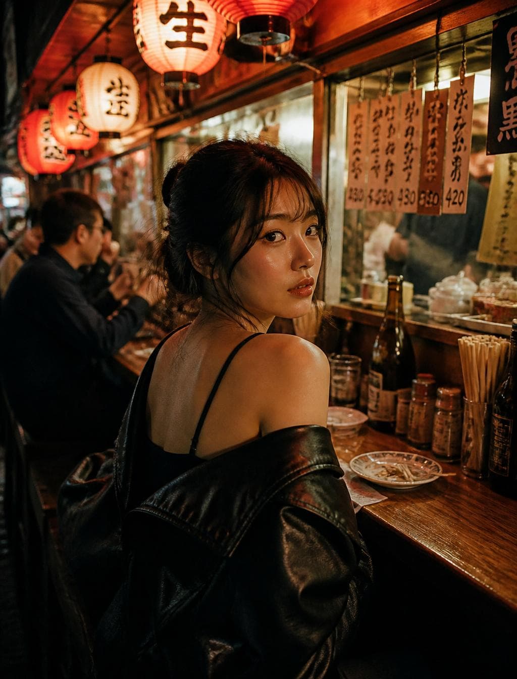 Prompt :A young "East Asian woman" with dark hair styled in a loose up do, sitting at a wooden counter in a cozy, dimly lit Japanese izakaya at night. She turns her head to look back toward the camera with a calm, thoughtful expression. She wears a "black" spaghetti-strap dress with a "black" leather jacket casually draped around her shoulders. The atmosphere is warm and authentic, illuminated by soft lantern light and ambient indoor lighting. Behind her are patrons enjoying meals at the bar, handwritten Japanese menu boards with kanji characters and prices, traditional lanterns, sake bottles, condiment containers, and wooden interior details. The scene captures the…