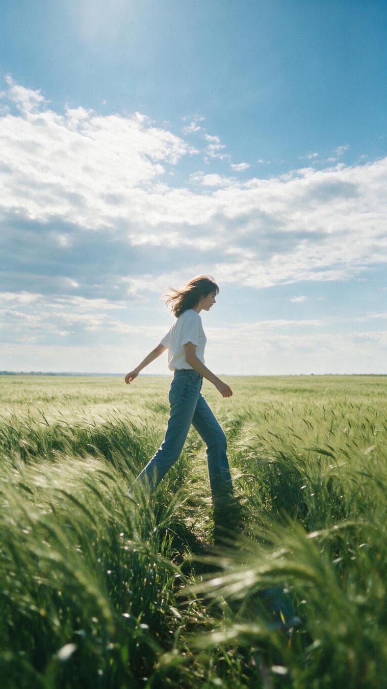Cinematic summer environmental portrait, vertical composition. Clear blue sky with luminous layered white clouds over an endless green wheat field swaying in a warm breeze. A young woman, ~20, fresh and unguarded, wears a white tee and a simple straight leg jeans. She walks forward along a narrow raised path through the wheat, not looking at the camera, hair lifted by wind. Low angle side view, 32mm lens, subject naturally centered, vast wheat field and sky surrounding her. Late morning sunlight - bright…
