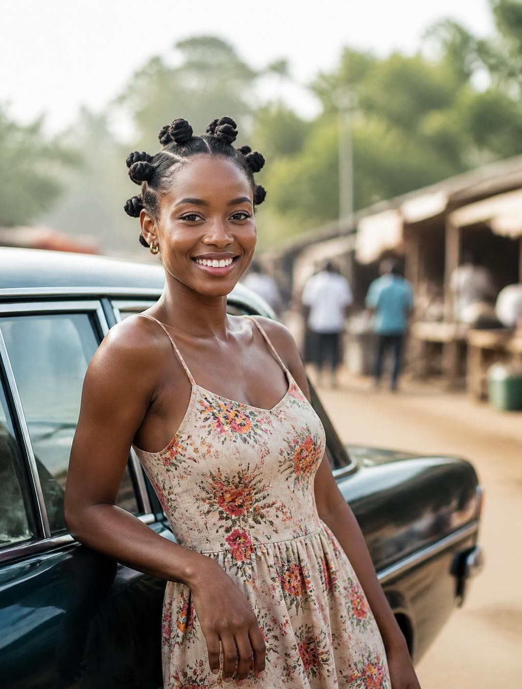 A young woman with intricately styled Bantu knots smiles radiantly, positioned in the foreground beside a dark green car. Natural, soft daylight illuminates her complexion, highlighting the subtle subsurface scattering on her skin and the crisp texture of her floral-print dress. The middle ground features a bustling, sun-drenched outdoor marketplace with weathered stalls and earthy tones, while the background dissolves into a soft, creamy bokeh of lush green trees under a hazy, bright sky. The composition utilizes a shallow depth of field to isolate the subject from the busy environment, ensuring the focus remains on her expressive, joyful demeanor and the candid, high-clarity…
