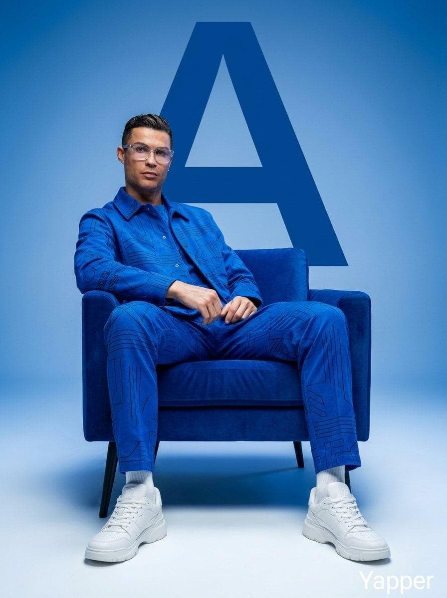 Minimalist fashion studio photoshoot featuring stylish people sitting confidently on a modern chair, monochromatic aesthetic, subjects wearing bold cobalt-blue outfits (tailored suit or modern streetwear set) with white sneakers and clear glasses, relaxed powerful pose with legs apart and hands resting naturally, clean blue studio background with a large geometric letter…