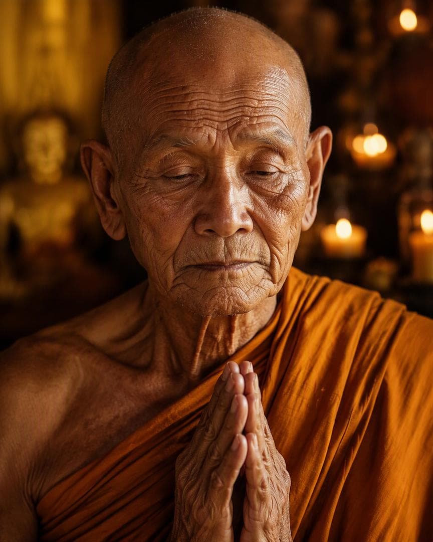 SUBJECT: an elderly monk in saffron robes, deep lined face showing decades of contemplation, hands in prayer pose, soft warm temple light.FRAMING: 4:5 vertical, tight crop on face and hands.LIGHTING: warm golden temple candlelight, soft diffused shadows.STYLE: National Geographic…