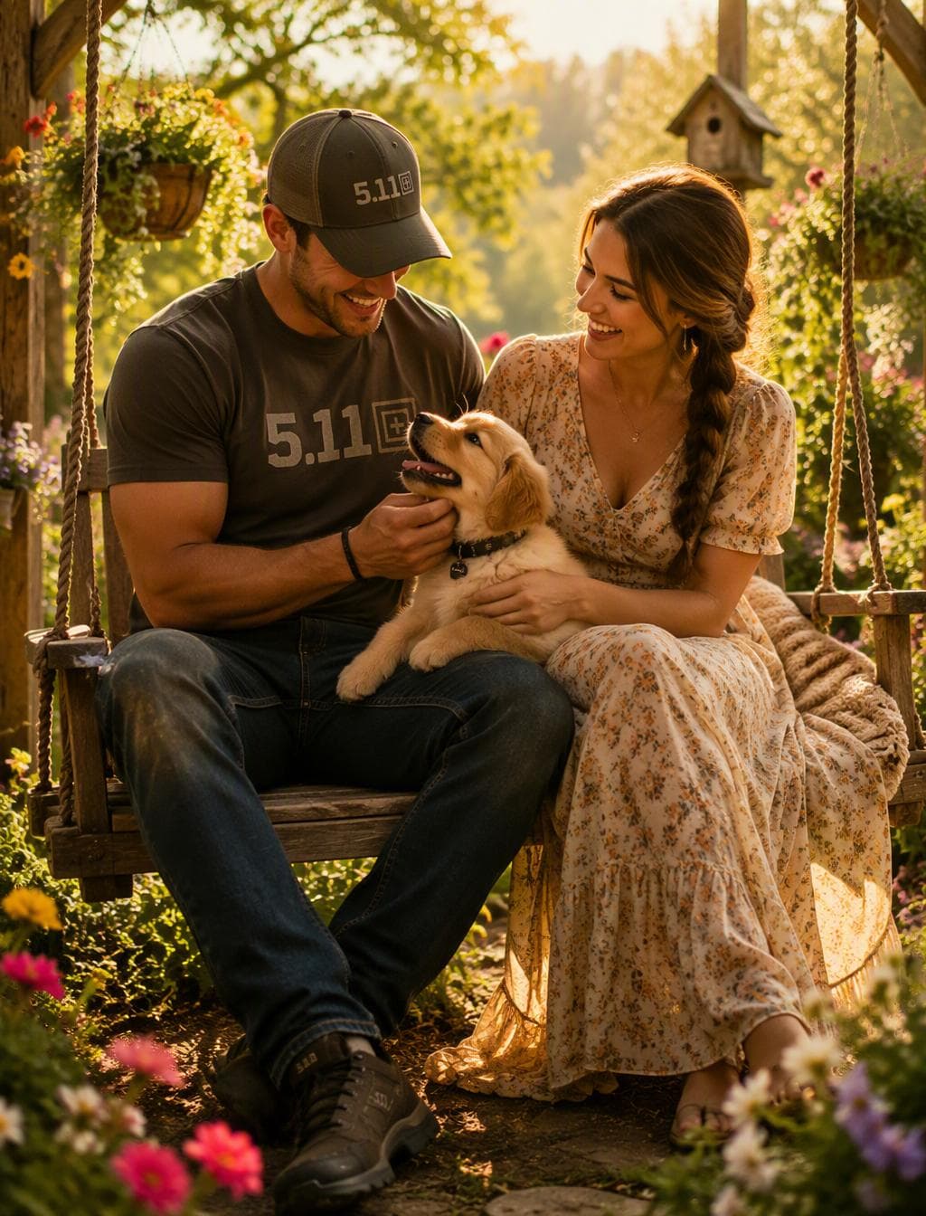 In a serene garden illuminated by golden afternoon sunlight, a couple sits lovingly on a gentle wooden swing, immersed in the beauty of nature. Surrounded by vibrant blooming flowers and the melodious symphony of birdsong, they share a tender moment with a fluffy puppy that excitedly wiggles between them. The young man, dressed in a fitted T-shirt with a 5.11 logo, rugged jeans, and sturdy 5.11-branded shoes, showcases his active and athletic nature. He dons a casual 5.11 cap, shielding his face from the sun as he laughs and gently plays with the adorable…