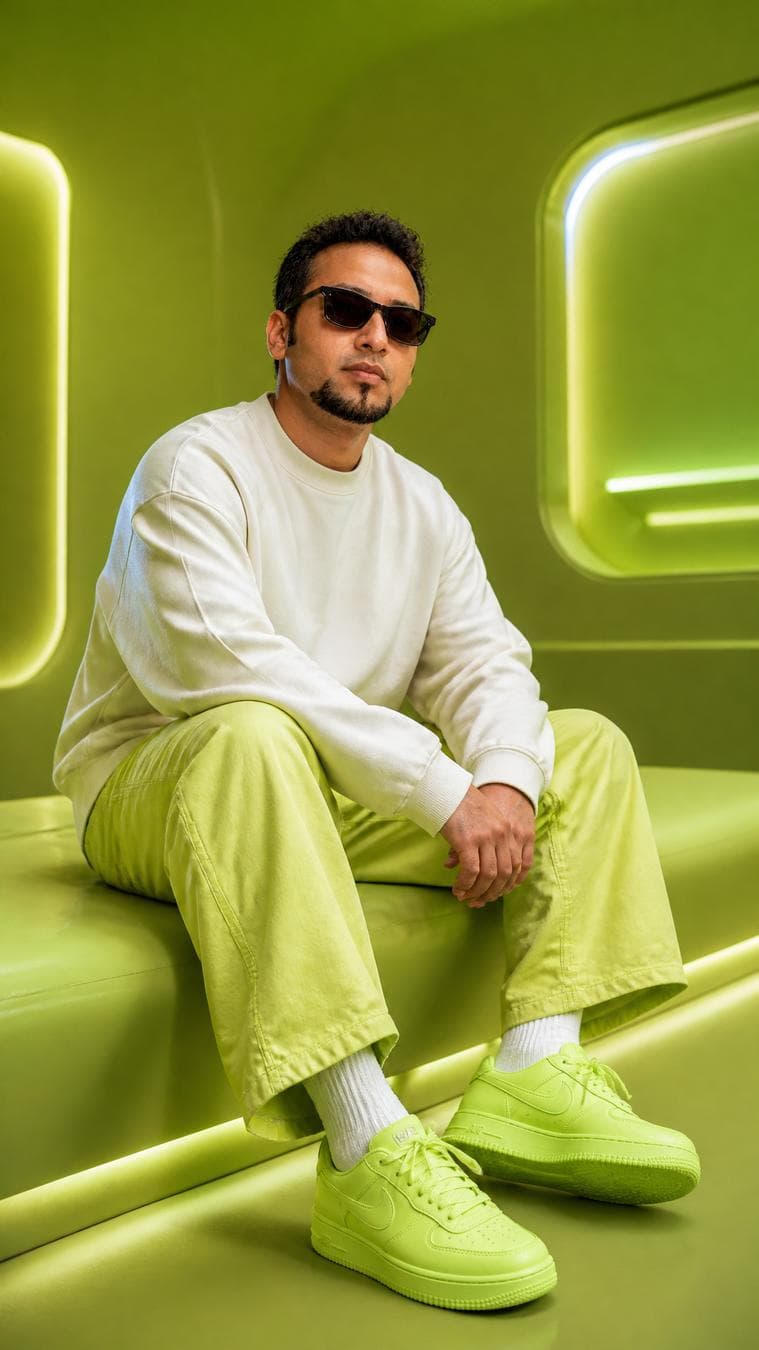 A young man with a slight smile see the uploaded picture as reference for the face wearing outfit: oversized white sweatshirt, lemon green oversized combat jean, styled with footwear: lemon green neutral Nike sneakers and white ribbed socks. Environment: futuristic lemon green-tone studio background. Lighting: soft cinematic glow…