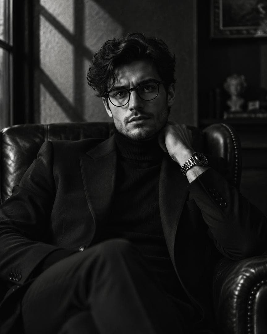 Ultra-realistic cinematic black-and-white portrait of a handsome young man with tousled wavy dark hair, subtle stubble, defined masculine facial features, and classic round black eyeglasses, seated in a luxurious dark leather armchair. He wears a perfectly tailored black blazer over a black turtleneck, with one hand resting naturally near his neck and a sophisticated metal luxury wristwatch visible on his wrist. Calm, confident, slightly mysterious expression, looking directly toward the camera. Extremely low-key chiaroscuro lighting, a single narrow window light cutting diagonally across the scene and illuminating one side of his face while the other side falls into deep shadow. Strong geometric light and shadow patterns on the textured wall, deep blacks, crisp highlights, rich monochrome tonal range, subtle analog film grain, realistic skin pores, detailed…