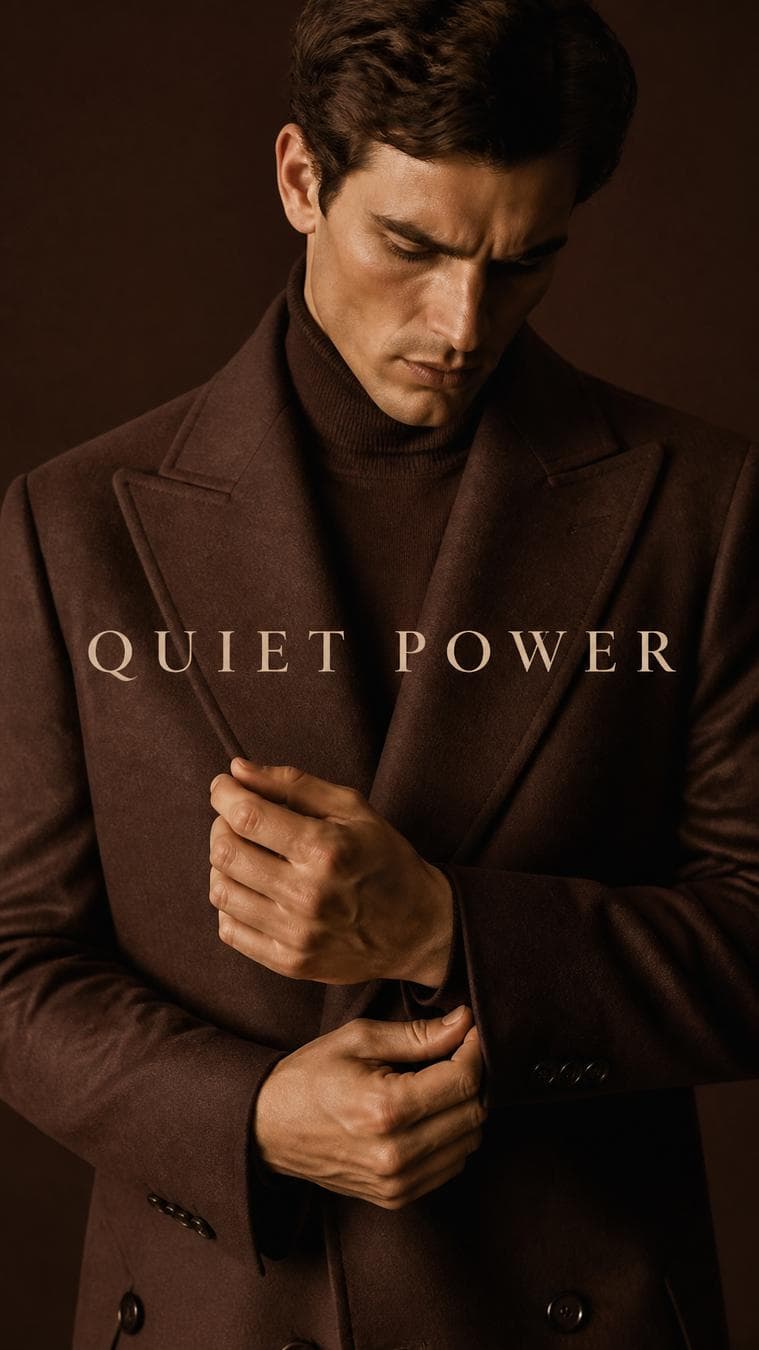 Premium editorial campaign. Main Subject: Male model wearing a chocolate-brown overcoat. Pose: Hands adjusting both cuffs. Camera: Tight waist-up framing. Background…
