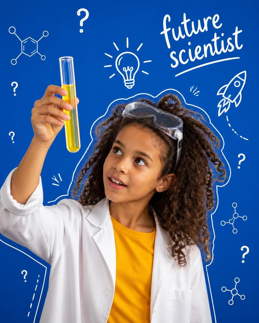 Mixed-media lifestyle image. A girl about ten years old with safety goggles pushed up on her head and wild curly hair stands in front of a bright cobalt-blue background, holding up a test tube filled with vivid yellow liquid and looking at it with intense fascination. White hand-drawn doodles surround her: molecular structures, question marks, a rocket ship, a small lightbulb glowing above her head and a white outline tracing her silhouette. Handwritten white text "future…
