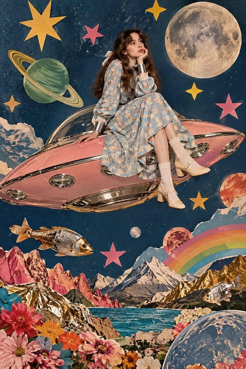 Surreal vintage collage art featuring a young woman in a retro modest light blue floral long-sleeve dress sitting gracefully atop a pastel pink flying saucer saucer UFO floating in a deep muted blue space. She wears white socks with cream-colored low heels and silver metallic cuffs on her wrists. Below her, floating elements include flat cutout yellow and pink paper stars, a green planet with rings, a realistic full moon, and a vibrant, eclectic ground landscape packed with…