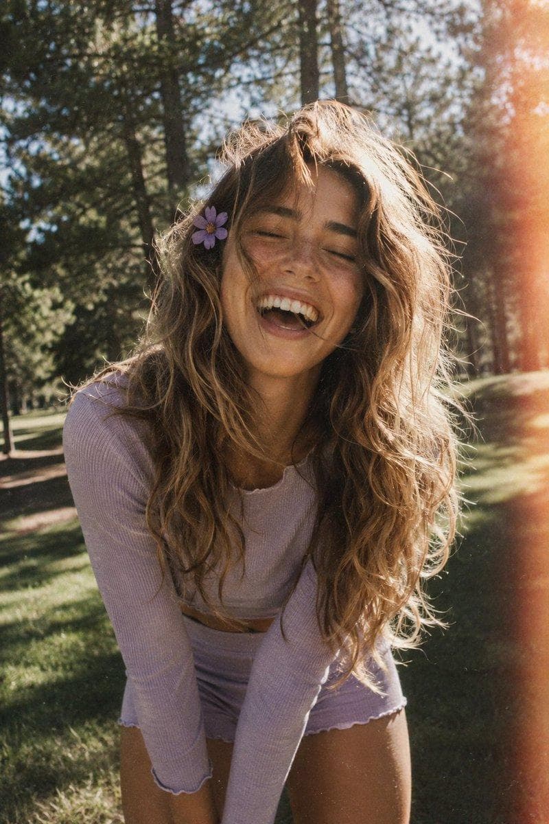 A candid, film-style portrait of a joyful young woman with long, voluminous, wavy light brown hair with blonde highlights, laughing heartily with her eyes closed and mouth open in a genuine, ecstatic expression. She has a small purple flower tucked behind her ear, and her hair is slightly windswept across her face. She is leaning slightly forward toward the camera, wearing a matching lavender-colored long-sleeve top and shorts set. The background is a sun-drenched…