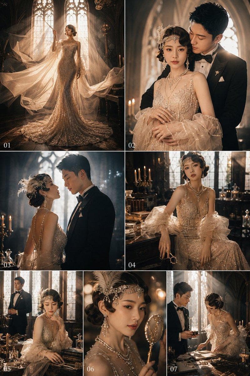 请基于用户上传的两位成年人清晰生活照,生成一张「Gatsby 风格 / 1920s Art Deco 风格」的超高预算婚纱写真。 请严格保留两个人的真实身份特征,包括脸型、五官比例、眼睛、鼻子、嘴唇、肤色、年龄感、发际线、发型基础和整体气质。生成结果必须清楚看起来是同一对真实情侣 / 新人,不能变成陌生人,不能欧美化过度,不能网红化,不能出现明显 AI 假脸。 请只把上传照片作为人物身份参考,不要保留原始生活照里的背景、服装、姿势、光线和场景。请重新生成一张全新的婚纱大片。 整体风格不是普通豪华婚纱照,而是: 1920s Gatsby bridal editorial,Art Deco 奢华复古婚纱大片,电影级布景,杂志级成片,带哥特拱窗室内场景、old Hollywood glamour、神秘、贵气、戏剧化、精致、超高预算感。整体像顶级婚纱工作室的高概念企划,而不是普通影楼风。 场景风格请围绕参考图重建: 高挑的欧式 / 哥特式拱门与拱窗,强烈窗光,古典木桌椅,复古烛台,书本,轻纱,局部烟雾,水晶吊灯,少量 antique 装饰,深色木地板。空间要有纵深感和舞台感,但不要变成过度复杂的宫殿或现代豪宅。场景精致、克制、统一。 新娘造型是关键: 请明确做成 1920s Gatsby bride 造型。婚纱为香槟金、银金色或珍珠香槟色的高定亮片修身礼服,细密珠饰、beaded texture、修长鱼尾或直线条廓形,搭配戏剧性纱幔、轻纱拖尾、夸张欧根纱袖或层叠袖。珠宝包括珍珠项链、垂坠耳环、额饰 / 复古头饰 / feather headpiece / jeweled headband 等,整体精致昂贵。 如果用户原本是长发,请不要直接保留现代长发披散效果。请在保留本人辨识度的前提下,做成更接近 1920s 的复古造型: - faux bob 假波波头 - pinned bob / tucked long hair - finger waves 指推波纹 - sculpted side-parted waves - 低位收发或卷发盘发,长度视觉上压缩成 20 年代短发轮廓 - 用复古额饰、羽毛、珠宝发饰强化 Gatsby 感 如果用户本身是短发,也要做成更明确的 1920s 指推波纹 / 波波头质感。不要出现现代日常长卷发或普通披肩长发。 新郎造型: 黑色、极深炭黑色或深夜蓝色高定礼服 / tuxedo,白衬衫,black bow tie 或正式领结,胸针细节克制高级。整体挺拔、沉稳、贵气,有 old money 与 old Hollywood 男主角气质。 光影是整组画面的核心,请严格参考示例图: 主要光源必须是拱窗射入的强逆光或侧逆光,形成可见光束、轮廓光和戏剧性明暗反差;辅光来自烛光与环境暖光,只做局部补充;可以有少量 haze / smoke 让光线更有层次。整体应是电影级高反差布光,不要均匀大平光,不要普通豪宅柔光,不要奇怪的泛白高光。某些镜头允许有轻微可控 lens flare,但必须合理、克制、来自真实强光,不要随机炫光。 请强化真实摄影质感: 真实皮肤纹理,适度柔化但不塑料磨皮;真实礼服重量感、纱幔质感、珠宝反光和烛光细节;不要 3D 渲染感,不要过度锐化,不要假 CG 感,不要游戏建模感。整体要像真实摄影棚与实体场景拍出来的婚纱照。 请特别注意人物脸部与身体比例自然真实。两个人都必须保持真实成年人比例,头部大小、肩宽、脖颈长度、手臂长度、手掌大小、身体接触和透视关系都要自然协调。不要出现脸过大、头过小、脖子过长、身体扭曲、手指错误、肢体融合、拼接感或穿模问题。 请特别强化两个人之间的互动和关系感,不要只是站在一起。两个人之间要有明确的情绪流动: - 吸引 - 依恋 - 守护 - 默契 - 戏剧性的浪漫 - 带一点誓约感与命运感 可以通过背后环抱、对望停顿、桌边互动、纱下靠近、错位守望、轻扶腰背、手覆手等方式来表现。不要每张都并排站着看镜头。 请避免整组镜头重复: - 有全身、半身、近景、特写 - 有单人也有双人 - 有正面、半侧、侧面、错位 - 有安静凝视、近距离停顿、互动、故事场景 - 不要每张都像一个模板变体 负面约束: 不要普通豪宅婚纱风,不要现代网红婚纱照,不要均匀平光,不要现代披肩长卷发,不要普通公主裙,不要廉价影楼感,不要塑料皮肤,不要人物像 AI 合成拼接,不要奇怪炫光,不要背景杂乱。 8 个镜头 Prompt 01|纱幕开场,全身主视觉 拍摄一张新娘全身主视觉婚纱大片。新娘站在高挑拱门与拱窗之间,身后是强烈窗光,形成神圣而戏剧化的逆光。大量透明轻纱从前景和侧方掠过,像被风轻轻掀起,把新娘包裹在半透明的光影层次里。新娘身穿香槟金细密亮片高定修身婚纱,裙身修长,拖尾和纱幔自然垂落,一只手抬起轻触纱幔,另一只手自然放下。 重点: 新娘必须是明确的 1920s Gatsby bride 造型。即使用户原本是长发,也要通过 faux bob / finger waves / pinned bob 做成复古短发轮廓,并搭配珠宝额饰、垂坠耳饰、珍珠项链。 情绪: 贵气、冷静、自信,像从旧时代舞会中走出来的女主角。眼神轻看镜头或微微越过镜头,不要普通甜笑。 光影: 强逆光、轻烟雾、纱幔透光、深浅层次分明,整体电影感很强。 02|新郎从背后拥抱,新娘在前,关系主图 拍摄一张双人半身到 3/4 身婚纱大片。新娘站在前方,新郎从身后环抱住她,双手自然落在她腰间或手臂附近,新娘双手轻放胸前或覆在新郎手上。新娘看向镜头,眼神平静、昂贵、笃定,像这场故事的中心;新郎低头看向新娘,神情温柔、专注、守护感强。 重点: 两个人必须有互动张力,不是简单站在一起。新郎的存在要像在保护和环绕她,新娘的状态则是被珍视、被凝视。身体接触要自然,比例要真实。 造型与光线: 新娘仍然是明确的 Gatsby 头饰与复古发型,礼服亮片细节清晰;新郎是黑色高定 tuxedo。拱窗暖逆光从后方照入,右侧可有一小束合理 lens flare,烛光 and 环境暖光做局部补充。整体更像电影剧照,而不是普通影楼合照。 03|侧面对望,停在最有张力的一秒 拍摄一张双人侧面对望婚纱照。新娘与新郎面对面站立,距离很近,停留在即将更靠近的一瞬间,但不真正亲吻。新娘侧脸精致、肩背线条清楚,新郎低头看她,眼神沉静而专注。两个人之间有强烈但克制的吸引力,像誓言前停住的一秒。 重点: 不要笑,不要并排站着。重点是安静对望中的张力。两个人的眼神必须有交流,不空、不僵。 光影: 背景更暗,拱门后方有偏冷的轮廓逆光或蓝灰色烟雾感,人物边缘被勾出轮廓,前景桌椅或烛台可以轻微入镜。整体更偏电影感、低饱和、高反差。 04|新娘坐在桌边,单人主图…