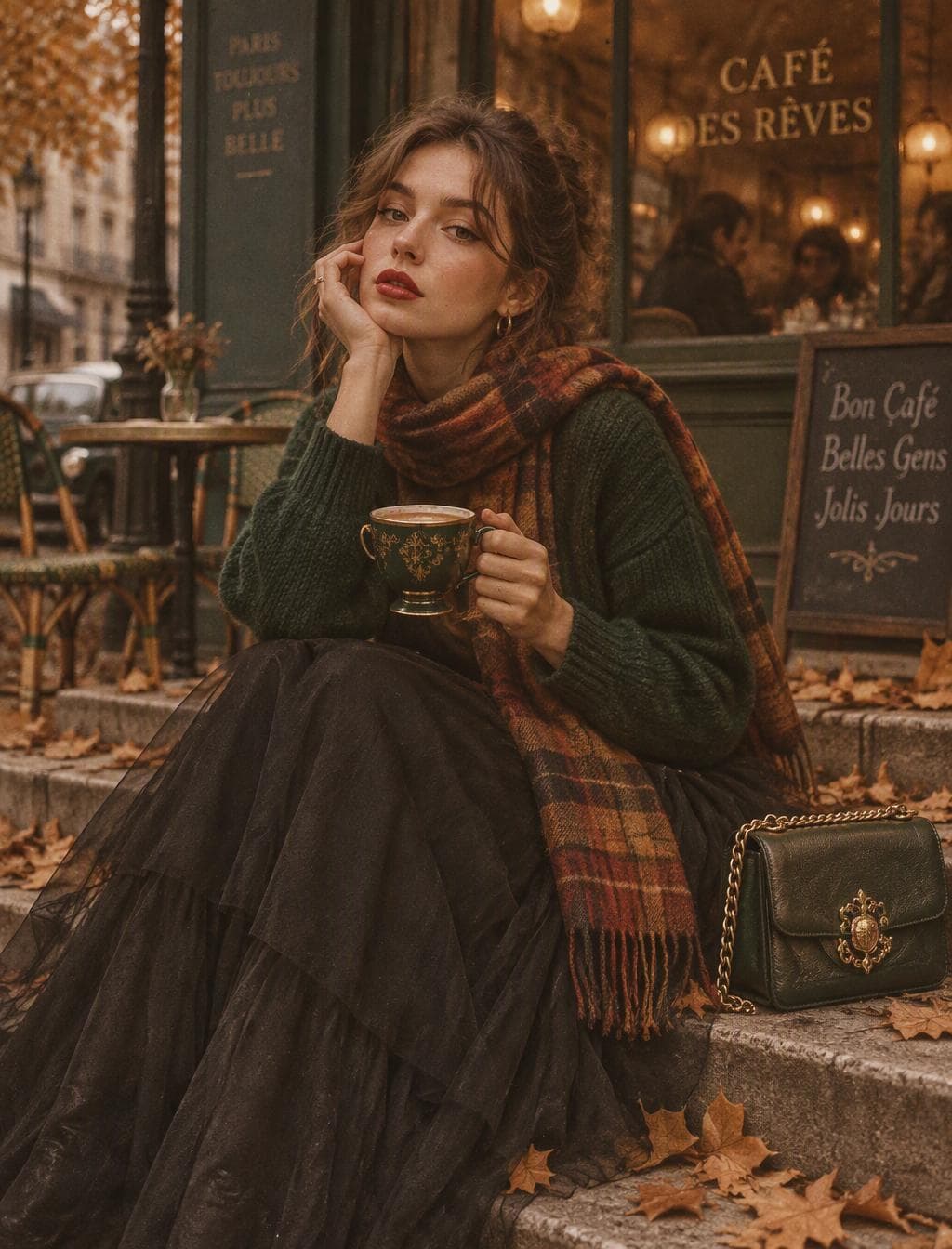Aesthetic 1970s-inspired fashion portrait of a stylish young woman sitting on outdoor cafe steps, holding a premium ornate green coffee cup with gold rim detailing, gazing softly at the camera. Her hair is styled in soft loose strands framing her face with vintage makeup, matte red lips, and subtle eyeliner. She is wearing a cozy forest green premium knit sweater paired with a long flowing black tutu skirt. A warm vintage plaid scarf in earthy brown, burnt orange, and muted red tones is wrapped loosely around her neck. A premium dark green leather crossbody bag with a gold filigree clasp and chain strap is placed beside her. Autumn street café setting with scattered fallen leaves and warm amber…