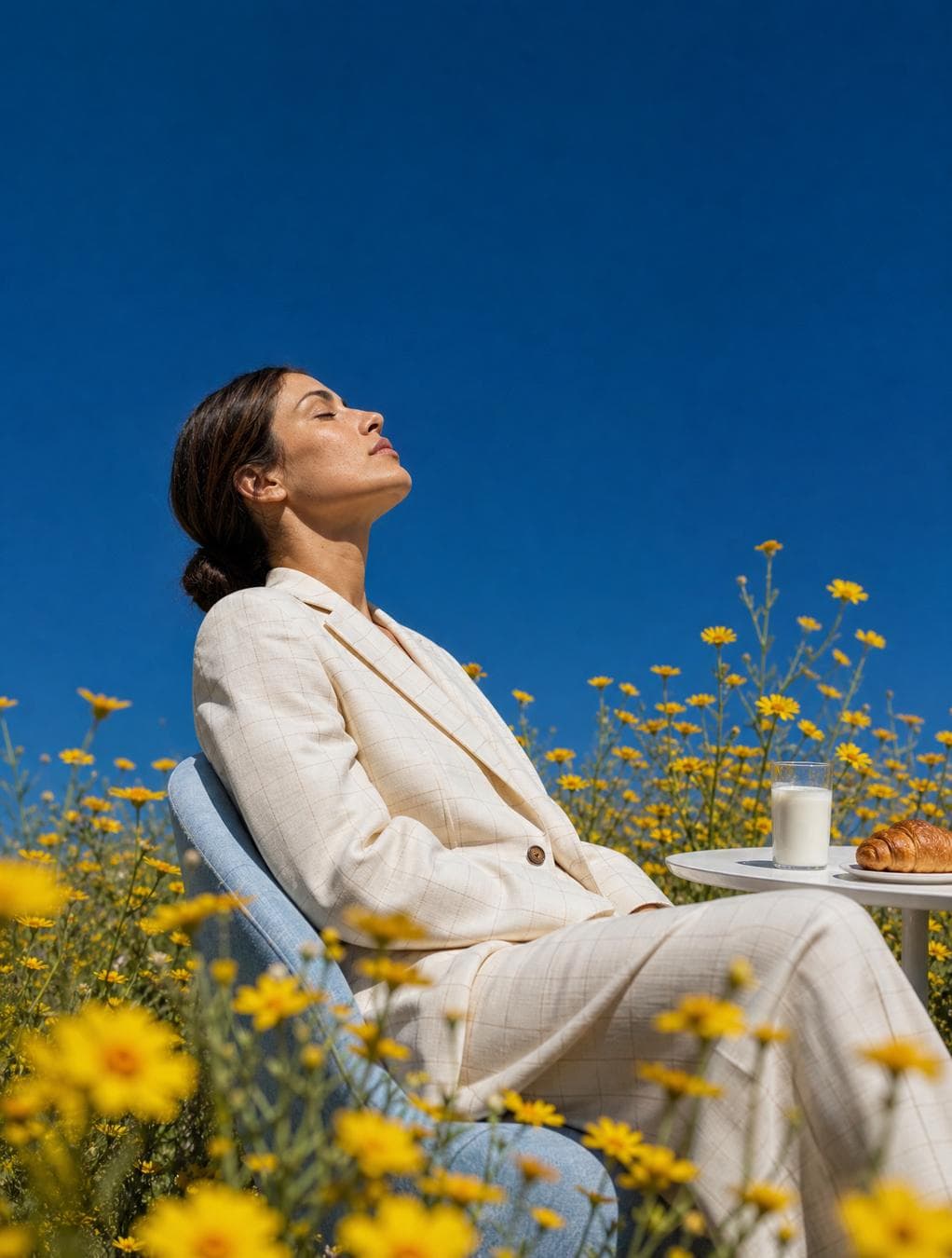 I have uploaded 3 reference photos of my face from different angles. Using all 3 to reconstruct my face accurately as a male subject, place me in this exact surreal editorial scene. I am seated in pure side profile on a simple pale blue upholstered chair placed in the middle of a wild yellow flower field. My head is tilted back at 45-60 degrees, chin raised high, eyes completely closed, facing the deep blue sky above. Cream-white oversized checked blazer and wide-leg matching trousers — full matching suit set. Small white breakfast table to my right with a golden croissant and tall glass of milk. Dense wild yellow daisy wildflowers surrounding me in all directions, some out of focus bokeh yellow flowers in foreground. Deep rich saturated cobalt blue sky filling entire background. Strong overhead direct…