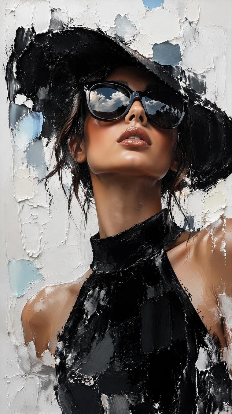 A high-fashion editorial mixed-media portrait of a chic woman, blending realistic facial features with bold abstract palette-knife impasto painting techniques. The woman has full glossy lips and a confident expression, wearing oversized black sunglasses with subtle sky reflections and a wide-brimmed black sunhat. She is dressed in a textured high-neck black sleeveless halter top. Her face and collarbone are rendered with smooth skin textures and realistic chiaroscuro lighting, while her hair, hat, clothing, and background dissolve into thick, heavy layers of textured oil paint and bold blocky palette-knife strokes. The color palette is minimal and high-contrast, dominated by deep black and crisp white tones, accented with subtle undertones of pale sky blue and soft grey impasto textures. The background appears as a heavily textured abstract…