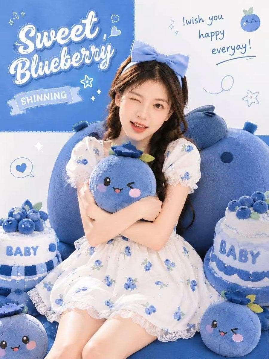 Use the uploaded portrait only as a face reference. Keep the person’s facial identity, features, skin tone, and overall recognizable look. Remove the original background and unrelated objects. Create a cute blueberry-themed poster portrait. The subject wears a large blue bow headband and a white dress with blueberry prints. She tilts her head, smiles, winks, and slightly opens her mouth. Place her sitting on a large blueberry plush chair, hugging a blueberry plush toy. Surround her with blueberry plush toys and blueberry cake plushies labeled “BABY”. Use a clean blue-and-white split background with white doodle elements, stars, hearts, and cute graphic decorations. Add the text: “!wish you happy everyay!”, “Sweet Blueberry”, and “SHINNING”. Keep the subject centered, with natural proportions, soft bright lighting, clean composition, high detail, and a cute premium poster style. 3:4…