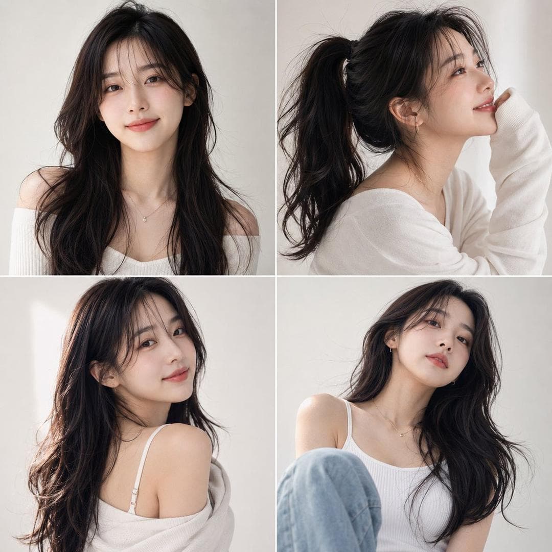Photorealistic Korean beauty portrait of a cute young woman with long wavy dark hair and soft wispy bangs, natural glowing fair skin, delicate features, subtle smile, and warm expressive eyes. Wearing a cozy off-shoulder white knit top and a delicate necklace. Soft natural daylight, clean cream background, minimal aesthetic, elegant and feminine vibe. Multiple poses including direct eye contact, side profile, over-the-shoulder…