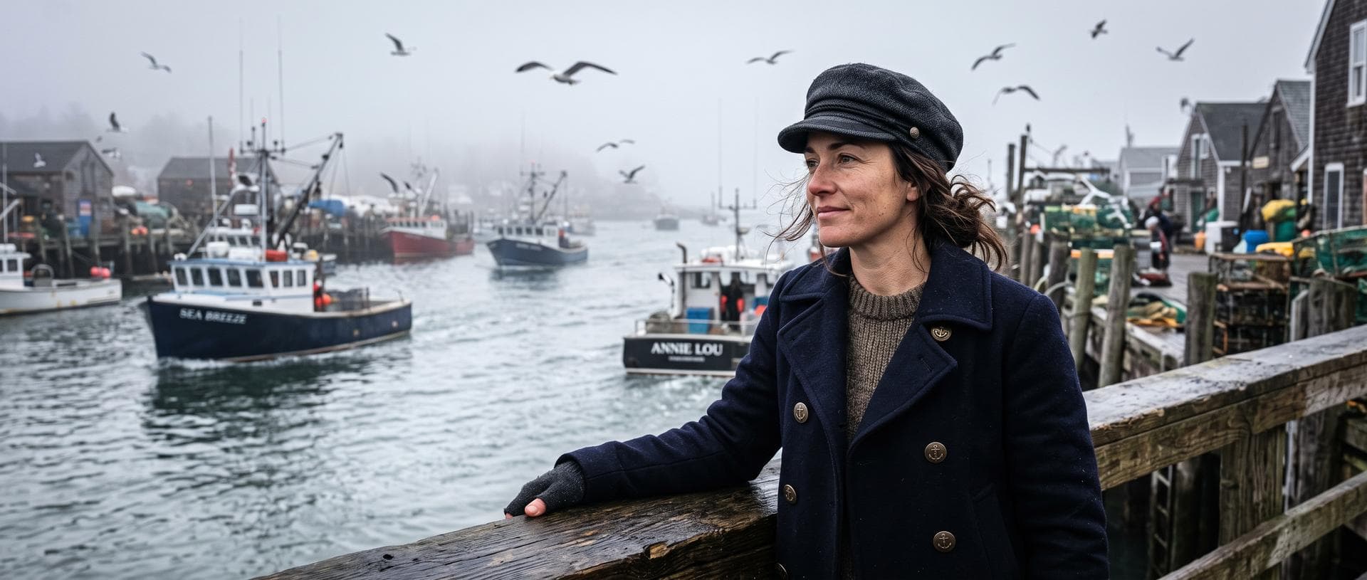 Digital close up photo of a woman, ((most natural skin)), brunette woman,(clear focus), (high resolution image), In a foggy fishing village, a woman in a navy peacoat with brass buttons and a wool fisherman's cap leans against weathered…
