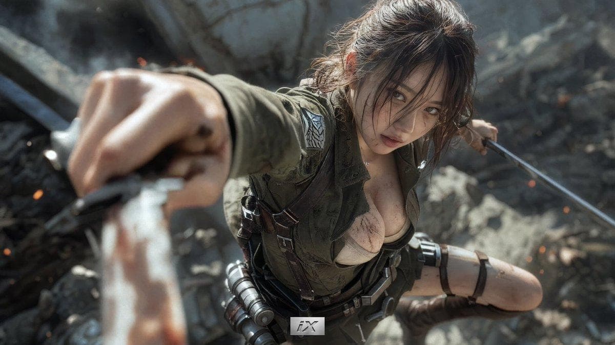 シネマティックなトーン、可愛い日本人ガール、20代、汗や煤で少し汚れている、自然光、セクシーで少し破れた軍服とレザーハーネス、双剣、強いパースペクティブ、ダイナ…