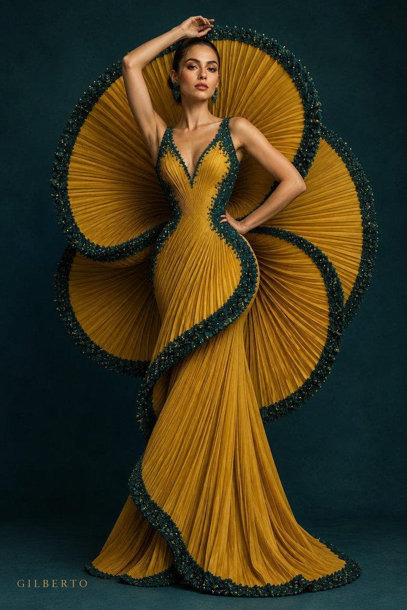 High-fashion studio portrait of a woman wearing an avant-garde sculptural gown crafted from mustard-yellow pleated fabric with dark teal beaded textured trim. The dress features a fitted V-neck bodice extending into a dramatic, spiraling circular fan frame behind her like a giant ribbon floral sculpture. Her posture is graceful with one arm raised overhead and the other on her hip. Set against a moody, deep teal seamless…