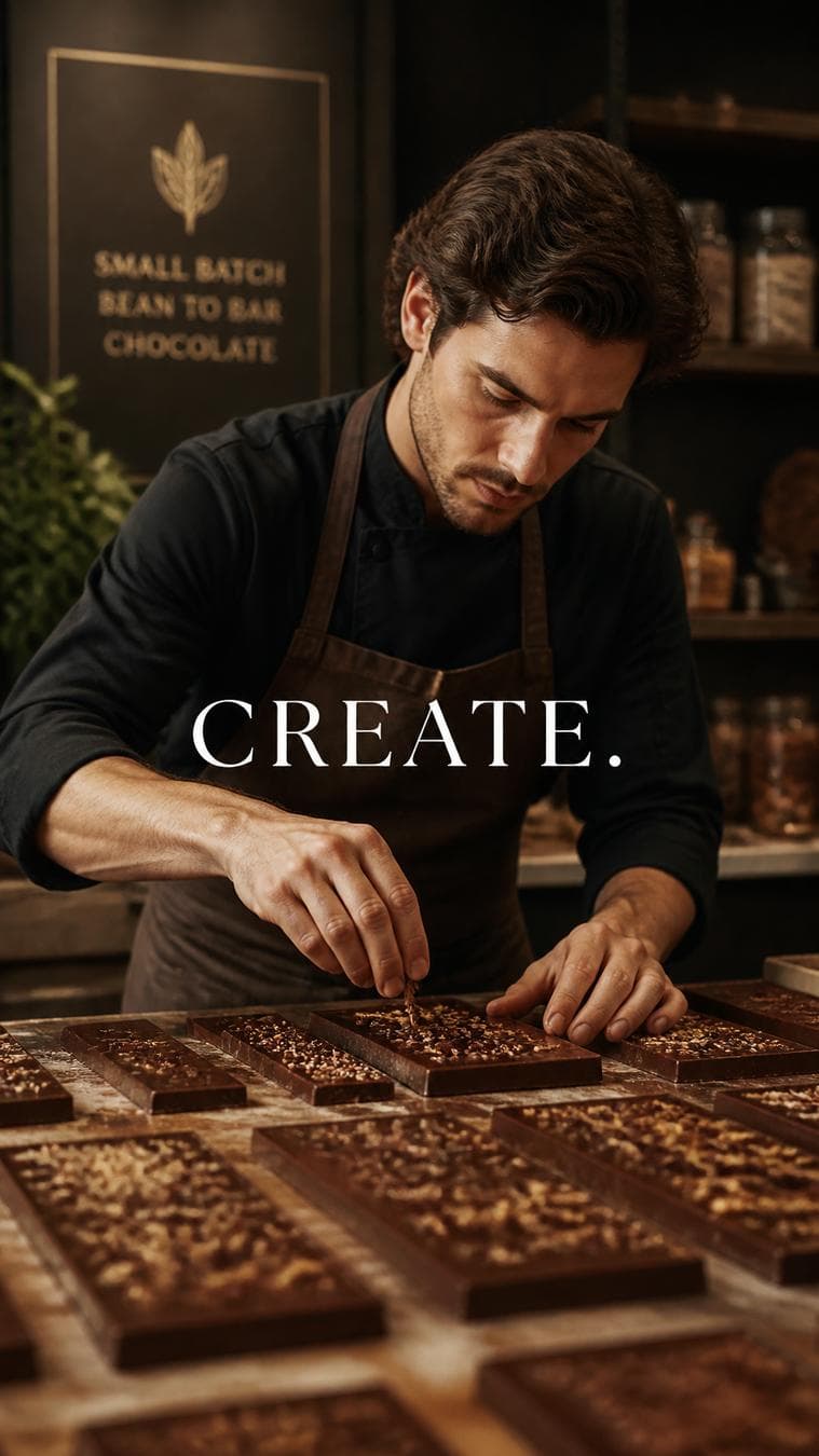 Premium lifestyle campaign.Main Subject: Young chocolatier man inside an artisan chocolate studio.Creative Direction: Rows of handcrafted chocolate bars cooling.Pose…