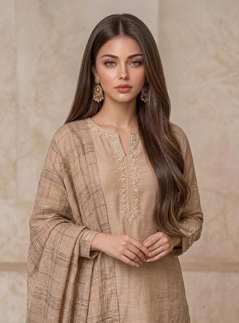 A professional fashion portrait of a beautiful young South Asian woman. She has long, voluminous wavy brown hair with subtle blonde highlights. She is wearing an elegant beige raw silk kurti with delicate pearl bead embroidery along the neckline, paired with a matching checkered organza dupatta draped over her shoulder. She is accessorized with traditional gold filigree jhumka earrings and a thin bracelet. Soft cinematic indoor cafe lighting, blurred background bokeh, shot on 85mm lens, f/1.4 aperture, hyper-realistic skin texture, 8K resolution, high-end lookbook style.A high-quality fashion photo of a stunning Pakistani girl standing in a modern cafe. She is wearing a simple beige traditional…