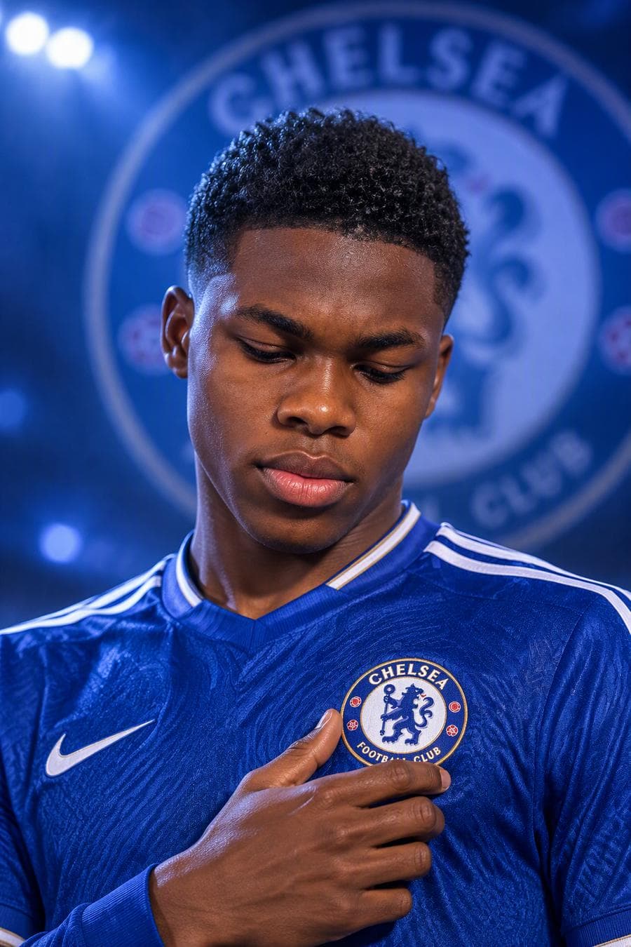 A young male footballer in a deep royal-blue Chelsea-style jersey lowers his gaze while gently touching the embroidered club crest over his chest, creating an introspective, reverent portrait. Cool blue stadium or studio lighting comes from the front and upper left, producing soft facial modeling, subtle shadows beneath the brow and jaw, and controlled specular highlights across the synthetic knit fabric and white shoulder stripes. His tousled damp hair shows fine strand separation and slight sheen, while the shallow depth of field isolates him from a large circular blue-and-white emblem glowing as an abstract halo in the background. The vertical composition frames him from the chest upward, with his hand and crest forming the visual focal point. *…