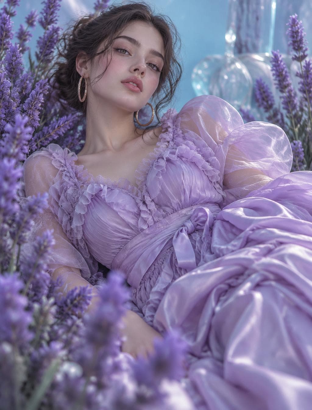 A young woman reclines among tall purple flower stalks, her head tilted toward the viewer with parted lips and a calm, self-possessed gaze. She wears an elaborate pale-lavender dress with translucent puff sleeves, layered ruffles, gathered satin folds, and a tied waist, while large hoop earrings add subtle metallic highlights. Cool cyan ambient light fills the scene from the surrounding backdrop, producing soft violet shadows, gentle subsurface scattering across her skin, and satin specular accents along the fabric pleats. Lavender blooms occupy the foreground and frame the portrait from both sides, with selective focus isolating her face and dress against a smooth blue background containing faint glasslike reflections. * **Style:**…