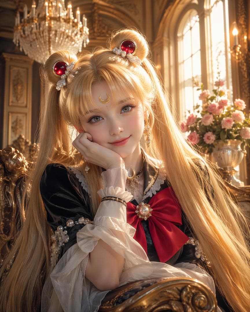 Vertical bust CG portrait, realistic live-action version of Sailor Moon, long golden twin tails with double hair buns, red gem and pearl hair ornaments on buns, golden crescent ornament on forehead, big sparkling eyes, pink blush, sweet gentle smile, wearing black and white lolita dress with frilled lace cuffs, big red bow with pearl on chest, pearl decorations on sleeves, resting elbow on golden carved throne, hand propping cheek, luxurious golden European palace interior, gilded relief wall, huge crystal chandelier, warm golden sunlight coming through tall arched…