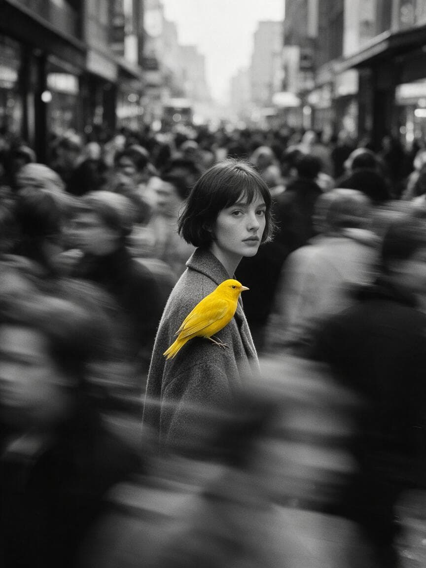 A young woman with a short dark bob stands nearly motionless in the center of a rushing city crowd, a vivid yellow songbird perched on her textured wool coat. Her pale face and the bird’s saturated plumage remain sharply resolved while surrounding pedestrians smear into horizontal motion trails, creating a striking contrast between stillness and movement. Soft overcast daylight produces broad, low-contrast illumination across skin, hair, and fabric, while the bird’s feathers retain subtle specular highlights and layered detail. The composition uses a compressed street-level perspective, with blurred bodies filling the foreground and background, monochrome atmospheric haze, shallow depth of field, and the subject positioned slightly below center. * **Style:**…