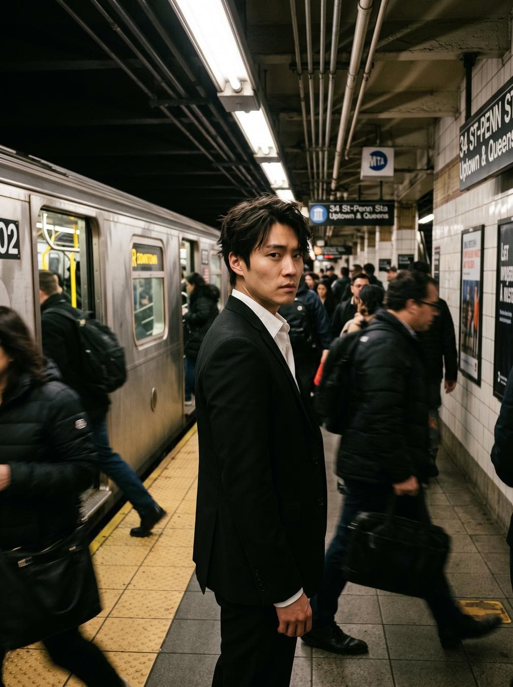 Subject: A young East Asian man in his late 20s with tousled, dark side-swept hair, standing in three-quarter profile and looking directly back over his shoulder toward the camera with an intense, guarded expression. He wears a sharp black suit jacket over a white collared shirt, unbuttoned at the collar, no tie. His posture is still and upright amid the surrounding motion. Medium & Art Style: Cinematic photography with a hyperrealistic, editorial film-still quality — reminiscent of a modern noir thriller or A24-style character drama. Environment/Setting: A crowded underground subway platform at night or during rush hour. A silver train…
