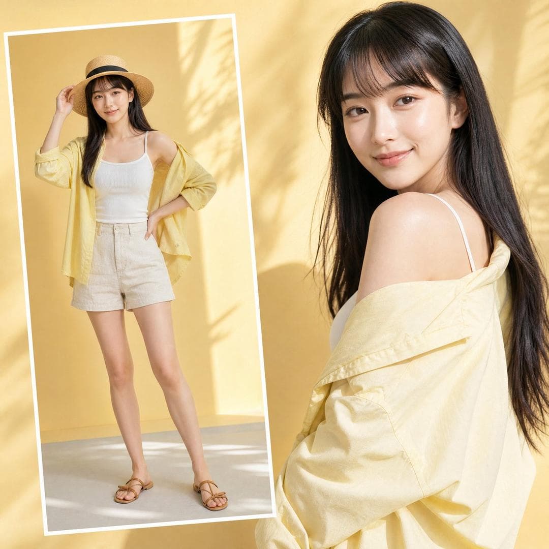 Ultra-realistic high-fashion editorial composition featuring the SAME model shown twice inside a bright pastel-yellow studio. The right side features a large portrait with the model wearing an oversized lemon-yellow shirt over a white tank top and beige linen shorts. Loose hair, cheerful smile, relaxed over-the-shoulder pose. The left tilted card contains a full-body front view. One hand touching her hat and…