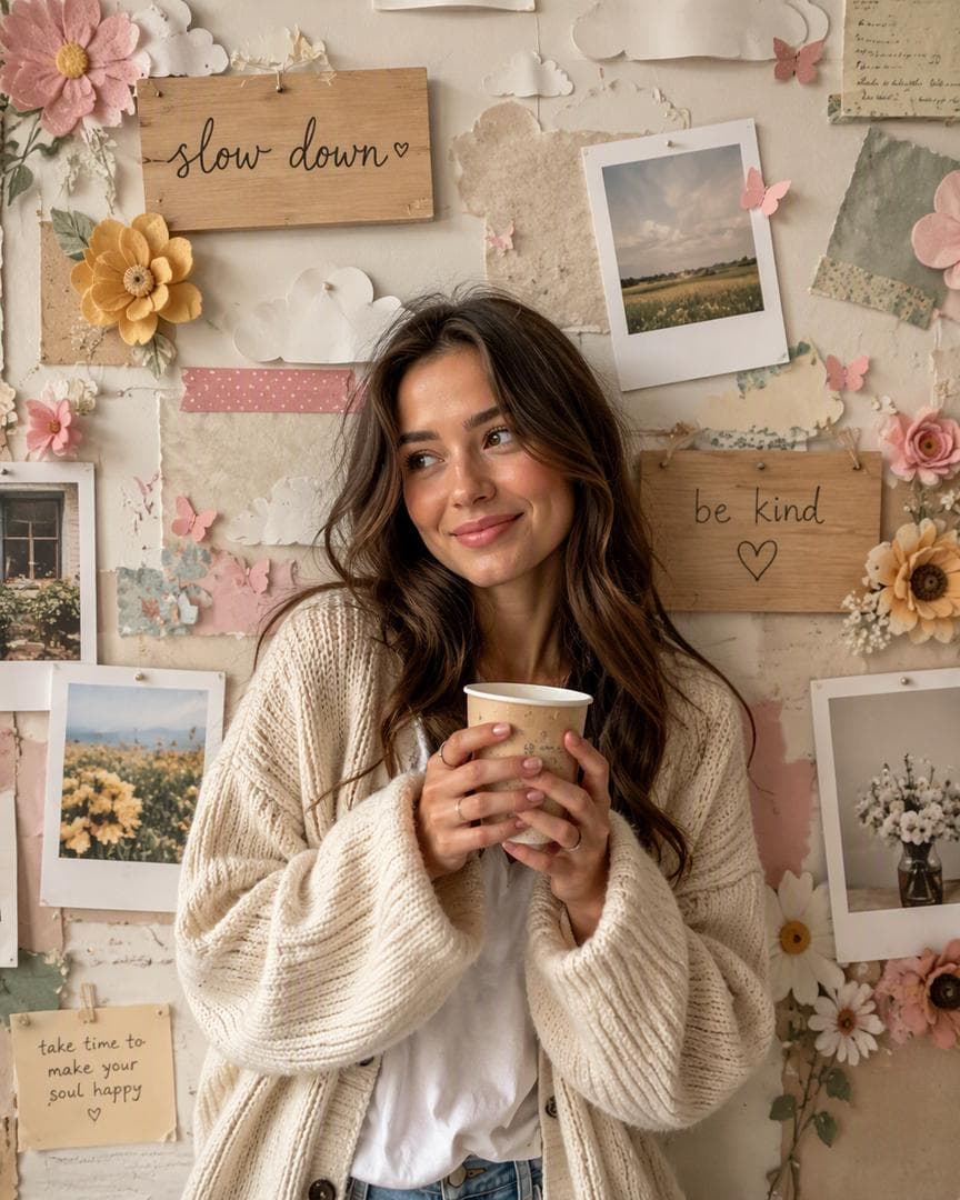A young woman with loose wavy brown hair, wearing an oversized cream knit cardigan over a white tee, leans against a wall decorated like a giant handmade scrapbook. Around her: paper-cut clouds, felt flowers in pastel pink and butter yellow, strips of washi tape, pinned polaroid frames, tiny paper butterflies and small wooden signs with the handwritten words "slow down" and "be kind". She holds a paper cup of cocoa with both hands and looks sideways with a soft shy smile. Photographic…