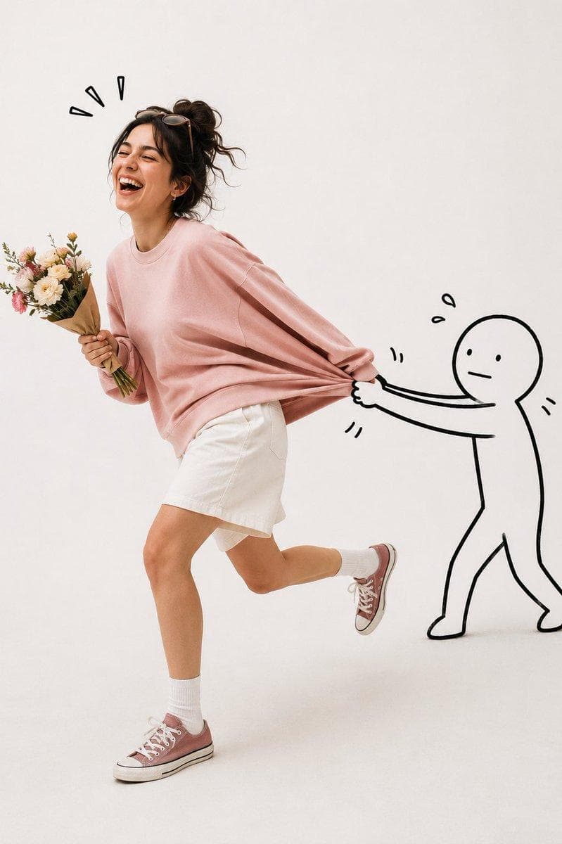 Create an ultra-realistic editorial studio photograph set against a smooth off-white seamless backdrop with a bright, airy minimalist aesthetic. A fun-loving young woman with a pastel blue pixie cut is captured in a spontaneous moment of playful escape. She bursts into laughter while jogging forward, her smile wide and genuine, eyes nearly closed from amusement. Her posture shows energetic movement as she tries to continue running despite being gently held back, creating a humorous tug-of-war effect. Pose & Movement Natural mid-stride running motion. One leg lifted slightly off the floor. Arms moving freely with realistic running dynamics. One hand confidently holding a vibrant rainbow spiral lollipop. Subtle motion in the hair and clothing. Strong sense of forward momentum with believable body mechanics. Wardrobe Loose oversized powder-blue sweatshirt. Relaxed-fit beige trousers with wide legs. Red checkerboard slip-on skate shoes. Round eyeglasses casually resting atop her head rather than covering her eyes. Doodle Character Interaction A simple hand-drawn black doodle figure appears beside her, sketched in thick marker lines directly onto the photograph. The character features a round head, tiny dot eyes, and a straight neutral mouth. The doodle extends an exaggerated arm that grips the back of the woman's sweatshirt, stretching the fabric noticeably as it attempts to stop her from getting away. The tension creates realistic folds and pull lines in the sweatshirt while subtly drawing her shoulders backward even as her body continues moving forward…