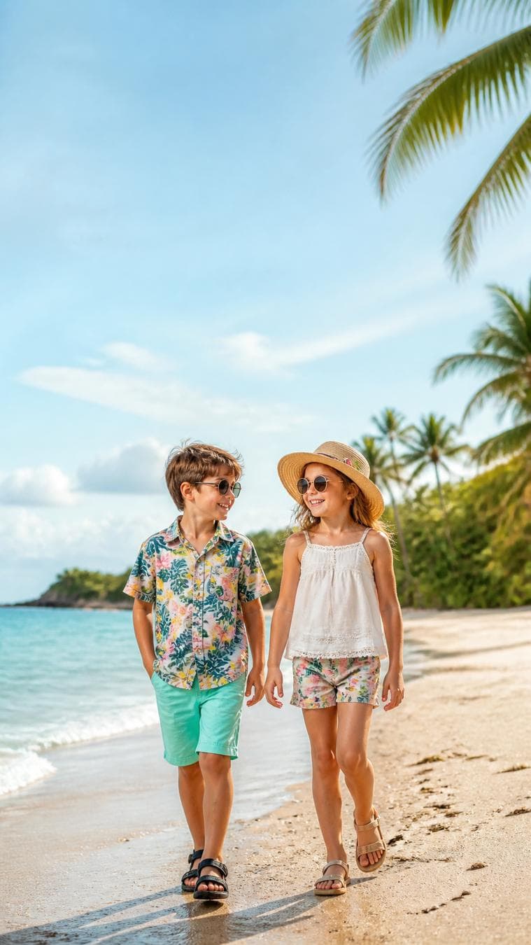 Ultra-realistic luxury fashion campaign featuring two happy kids (boy and girl, ages 5–8) walking along a beautiful tropical beach during golden morning sunlight. The boy wears a colorful Hawaiian shirt, mint shorts and sandals. The girl wears a white sleeveless summer top, floral shorts, straw hat and sunglasses. Natural smiles, playful walking pose, soft ocean waves, blue sky, palm leaves framing the composition, bright fresh summer colors, premium children's fashion photography, Vogue Kids editorial style…