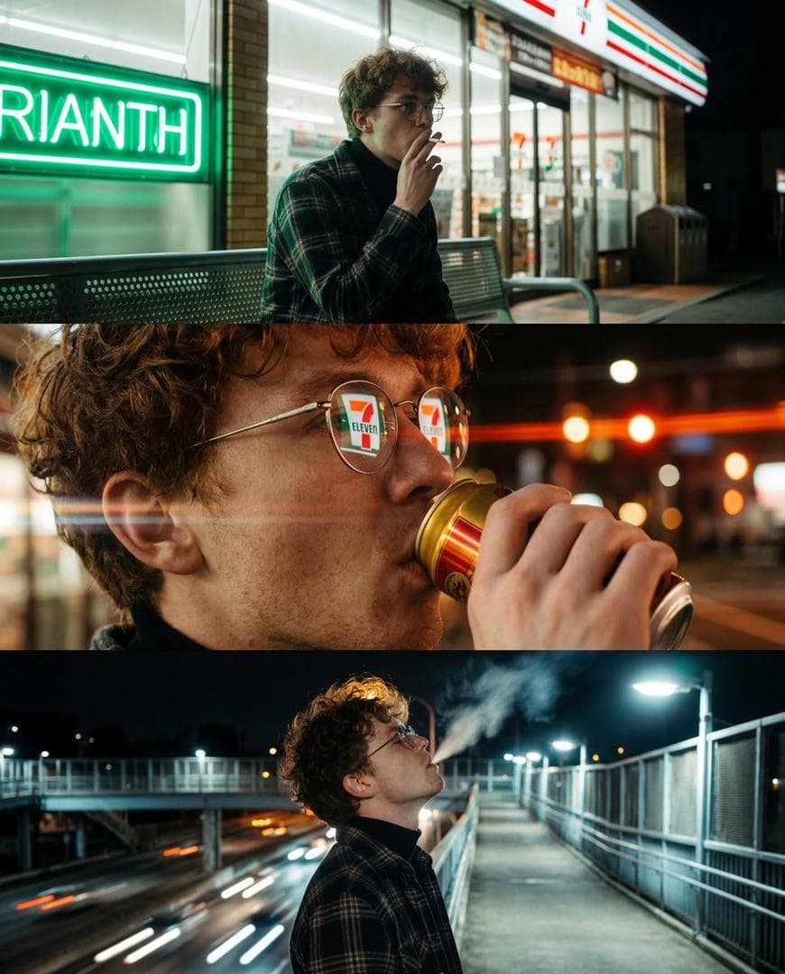 A vertical triptych of three cinematic, night-time urban photographs featuring a young man with messy, curly reddish-brown hair and thin, round wire-frame glasses. Top Panel: The man is seated in front of a 7-Eleven storefront. He wears a dark plaid flannel shirt over a black turtleneck. He is captured in a candid moment, holding a lit cigarette to his lips. To the left, there's a vibrant green neon sign. The lighting is dominated by a cool, fluorescent green glow and the warm interior light of the convenience store. Middle Panel: An extreme close-up profile shot. He is drinking from a gold-and-red metallic beverage can. His glasses catch a sharp, vivid reflection of the 7-Eleven logo and orange-red street lights. A subtle lens flare streaks horizontally across his face. The background is a soft, warm bokeh of city lights and traffic signals. Bottom Panel: The man stands on a pedestrian overpass overlooking a…
