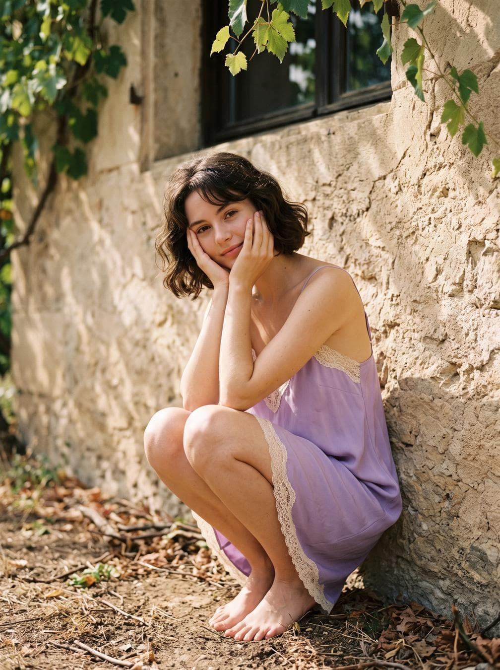 A young woman with short curly brown hair sits barefoot against a rough stone wall in a relaxed pose.Subject: A young woman with fair skin and short, wavy dark brown hair framing her face. She has a soft, gentle smile and is looking directly at the camera. Her hands are cupped around her cheeks in a resting gesture.Clothing: She wears a loose-fitting, lavender-colored slip dress made of smooth fabric. The dress features delicate cream lace trim along the neckline and the hemline.Action: She is crouching or squatting with her knees drawn up towards her chest, leaning back against the wall. Her posture is casual and intimate.Environment: The setting is outdoors next to a textured, beige stone wall that shows signs of weathering. Above her, green leaves from a vine hang down, partially obscuring a dark window frame in the background. The ground is covered in dry dirt and scattered fallen leaves.Lighting: Natural sunlight illuminates the scene from the side, casting soft shadows and highlighting the texture of the wall and the smoothness of her…