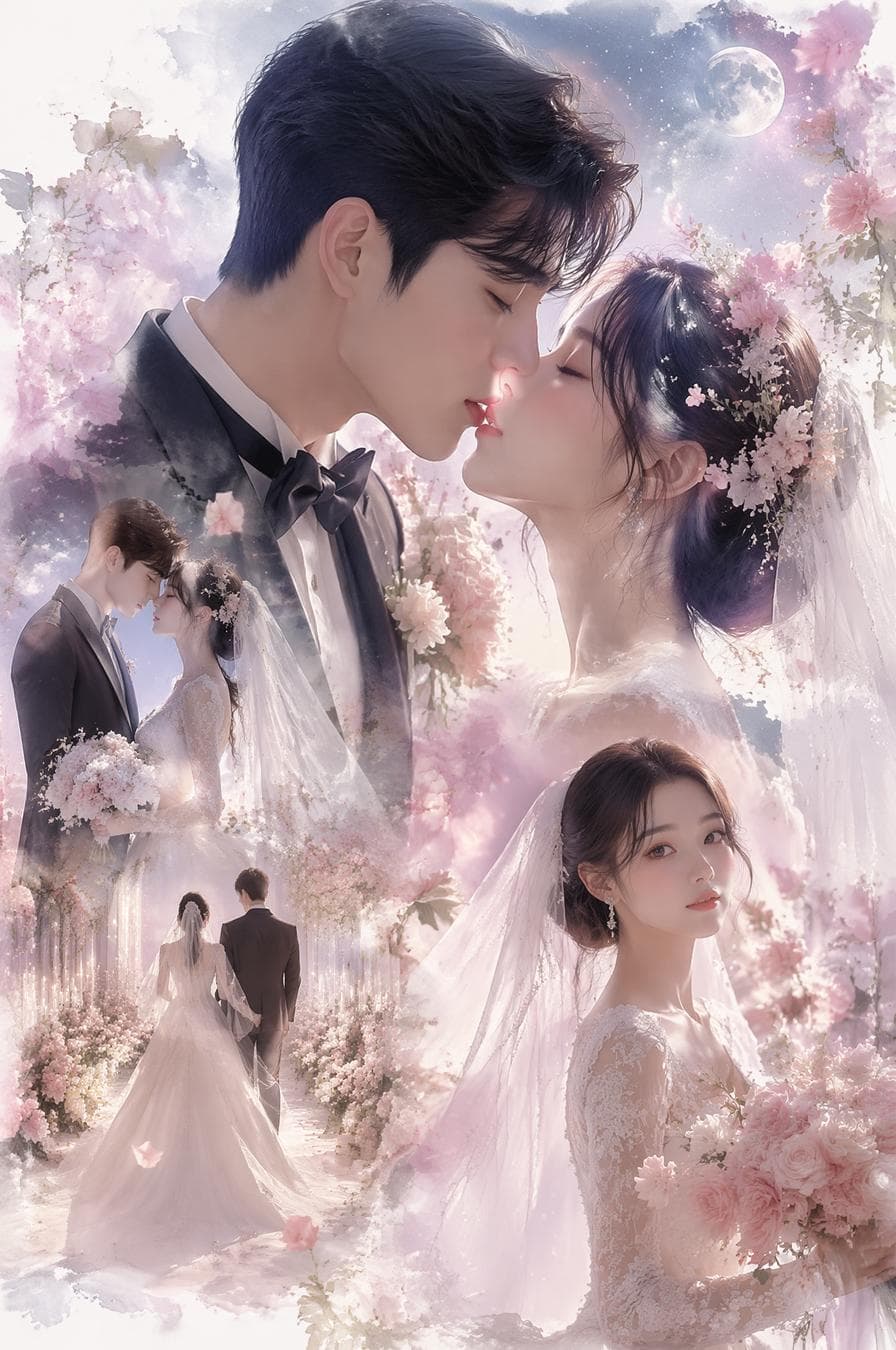 A dreamy luxury wedding portrait collage of aromantic bride and groom, intimate kiss, elegantwhite wedding dress, black tuxedo, bouquet ofpink flowers, double exposure composition,multiple wedding scenes, fantasy floral garden,moonlight, soft pastel pink and white tones,cinematic lighting, ethereal atmosphere,watercolor texture edges, delicate flower petals,Korean style wedding photography, ultra detailed,masterpiece, premium fine art poster, luxuryeditorial style, soft glow, highly detailed faces,elegant…