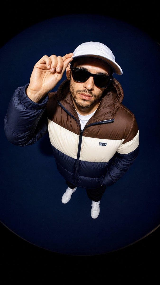 A high-angle fisheye lens shot of a male model looking up at the camera against a solid dark blue background. He is wearing a white baseball cap, stylish black sunglasses, and a thick puffer jacket with bold horizontal blocks of brown, cream, and navy blue. He has one hand touching the brim of his cap…