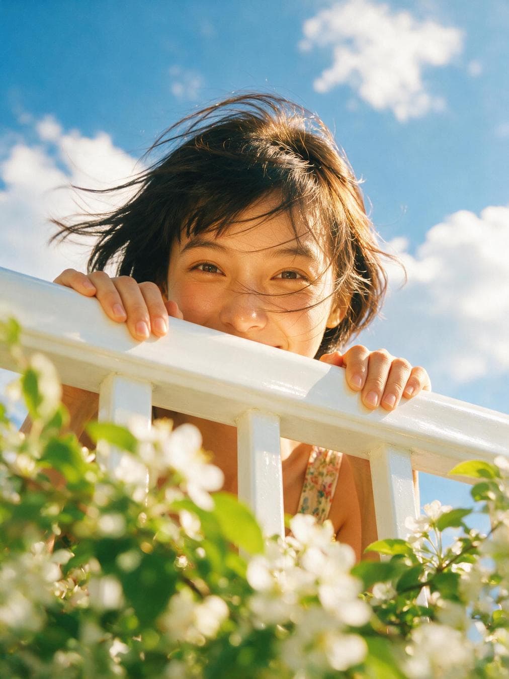 Close-up shot from low angle, young woman's face peeking over white balcony railing, both hands gripping railing edge visible, direct playful eye contact with camera, wind-blown short dark hair, floral dress strap visible at shoulder, heavily blurred green…