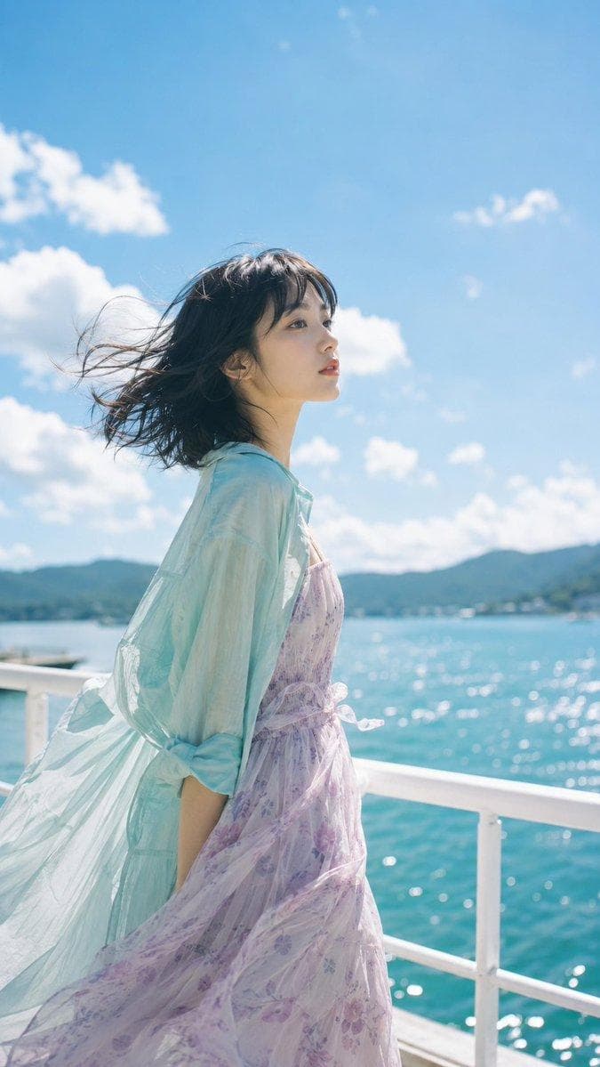 Create a vertical 9:16 photorealistic summer portrait of a young East Asian woman in a soft dopamine color palette. Use a low-angle composition with a big vivid blue summer sky, clean white clouds, bright natural sunlight, and a light airy film-like feeling. She has short dark hair blowing in the wind, fair skin, a slim figure, and a soft natural expression. The styling should feel fresh, youthful, and gentle, with light flowing summer clothing in colors such as coral pink, lemon yellow, mint green, pale lilac, or other soft bright tones. Scene options can include: a wildflower field, a grassy slope, a seaside railing, or a garden pergola. Add natural foreground blur when appropriate, such as flowers, leaves, or grass, to create depth. Keep the atmosphere bright, clear, breezy, and full of summer air…