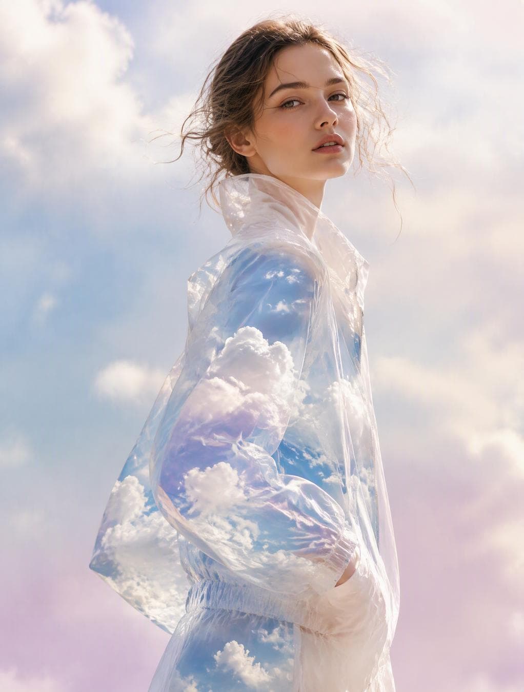 A beautiful woman wearing a lightweight paper-like jacket that is transparent and filled with a bright spring sky — white fluffy cumulus clouds, blue patches, gentle breeze ripples in…