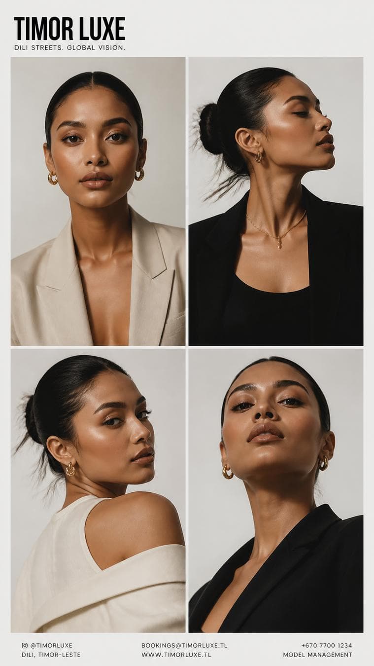 Create a premium high-fashion editorial series featuring a stylish Timorese female model with sharp, elegant, modern beauty aesthetics. Maintain consistent facial identity across all panels. Design a 2x2 grid layout composed of four separate 9:16 vertical posters, separated by thin white spacing. Each panel must show the same model in a different stylish pose, angle, and camera perspective: Panel 1: front-facing portrait, soft confident expression Panel 2: side profile with cinematic lighting and subtle motion pose Panel 3: over-the-shoulder glance, fashion editorial attitude Panel 4: low-angle shot for powerful luxury aesthetic Style & Direction: Ultra-stylish East Timor fashion model aesthetic (Dili street + luxury editorial vibe) Clean modern studio photography Softbox lighting with smooth shadows Minimal off-white / light gray background High-end magazine…