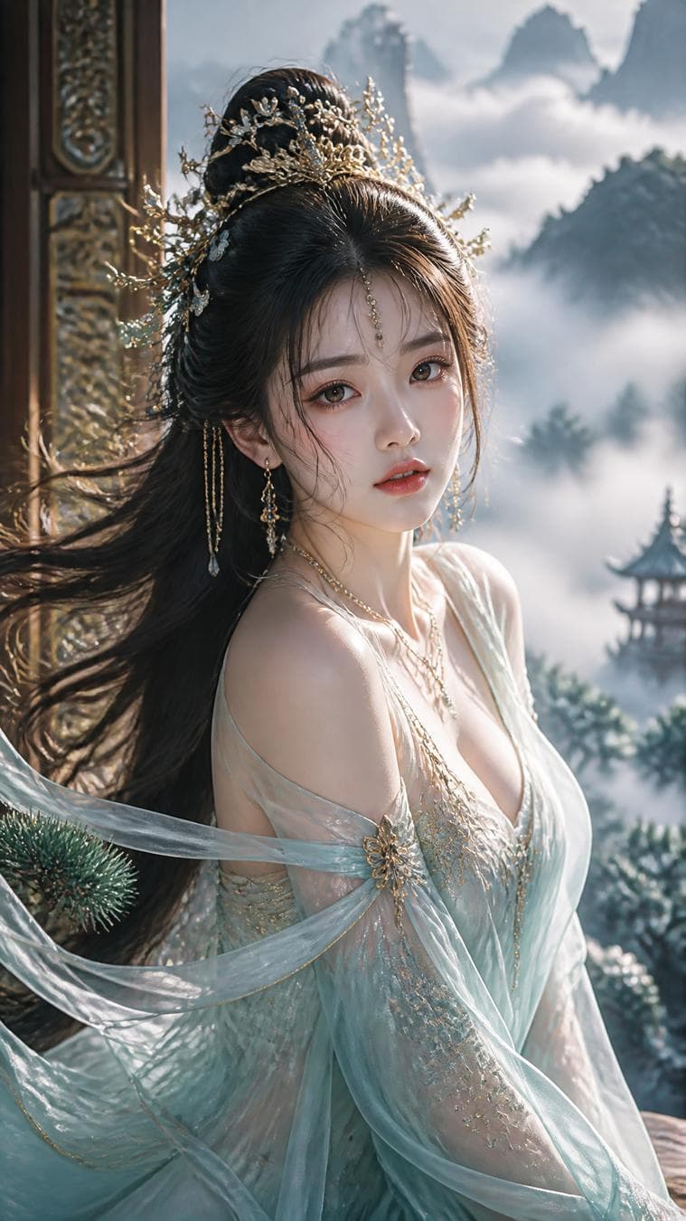8K超高清,极致写实真人质感,电影级光影,一位绝代风华的古风东方女子,身姿窈窕优雅,五官精致绝伦,眉眼温婉又自带清冷氛围感,发丝轻盈随风肆意飘动,根根分明富有层次;头戴重工奢华古风头饰,鎏金雕花、珍珠、玉石、流苏点缀,造型繁复华丽;身着清透飘逸的古风长裙,薄纱面料通透有光泽,面料垂坠感与流动质感极强,衣袂随风翻飞,刺绣纹样精致细腻;场景为雅致古风庭院/云海仙境,柔和漫射光,逆光勾勒发丝轮廓,景深效果,画面层次丰富,色彩典雅高…