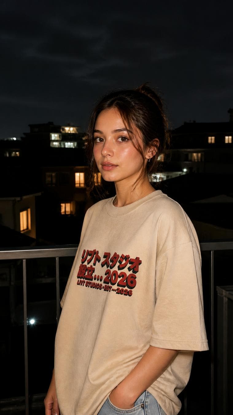 Create an ultra-realistic cinematic vertical portrait (9:16) of a young woman, ensuring the clothing integration is seamless and physically accurate.COMPOSITION:Vertical portrait orientation, medium shot from waist to head, eye-level with slight rightward angle. Subject positioned center-right, three-quarter profile facing left, head turned toward camera. Large dark sky occupies upper frame. Shallow to moderate depth of field, subject in sharp focus, background softly blurred.SUBJECT:Young adult woman, natural beauty, soft and calm expression, slightly inquisitive. Direct eye contact with camera. Fair skin with warm undertones, natural texture (no AI look). Dark brown hair in a messy updo with loose strands framing the face.WARDROBE (IMPORTANT — REPLACE ORIGINAL OUTFIT):She is wearing a beige oversized t-shirt EXACTLY matching the provided reference image.T-shirt details:- Color: warm beige / cream tone- Fit: slightly oversized, relaxed drape, natural folds- Fabric: soft cotton, medium weight- Front print: bold red Japanese-style typography with black shadow- Text must read EXACTLY: “リブト スタジオ 設立…2026” “LIVT STUDIOS - EST …2026”- The print must be perfectly integrated into the fabric (correct perspective, lighting, and folds)- No distortion, no redesign, no missing elementsThe t-shirt replaces the dress and blouse entirely.LIGHTING:On-camera flash, hard frontal light slightly above eye level. Bright illumination on subject with crisp edges. Minimal facial shadows. Background remains darker with ambient house lights and subtle glow.COLOR PALETTE:Warm beige, soft skin tones, deep blacks, with contrast between warm subject and cool dark background.BACKGROUND:Outdoor residential night setting. Balcony railing in foreground, houses and buildings behind, windows emitting warm light. Quiet…