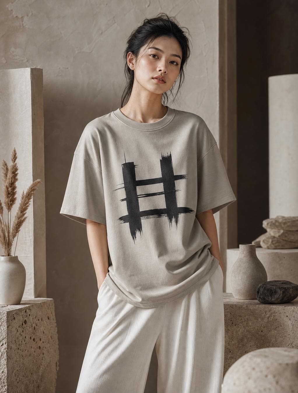 A premium editorial fashion campaign featuring a young female model (22–26 years old) with natural beauty, soft makeup, and tied-back black hair, wearing a luxury oversized stone greige (#B9B5A9) heavyweight 200 GSM cotton crew-neck t-shirt with a minimalist black hand-painted brushstroke grid artwork centered on the chest. The model is styled with off-white wide-leg trousers in a contemporary Scandinavian aesthetic. Shot indoors inside a premium minimalist studio with warm neutral tones, textured plaster walls, and a clean architectural backdrop. Carefully curated ceramic vases, dried pampas grass, travertine blocks, stacked design books, sculptural décor, and natural stone props complement the outfit without distracting from the t-shirt. Soft diffused key light with cinematic studio lighting, gentle shadows, premium editorial lighting setup, luxury fashion magazine photography…