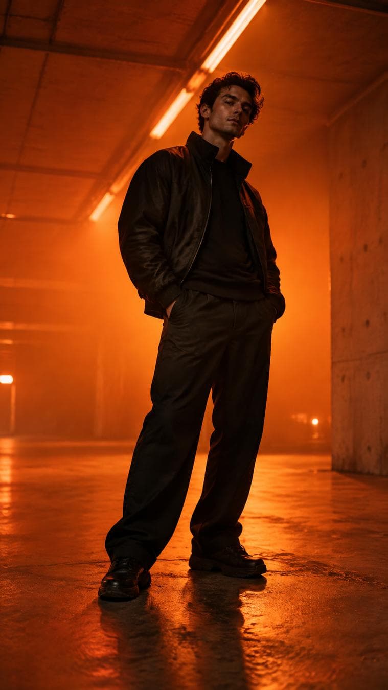 editorial photography, male model, 50mm f/1.2 RF lens, f/2.8 set, 1/160s, iso 100, gradient neon orange, minimalist street style, deep orange atmospheric lighting, lights at ceiling, overhead softbox at 3200K, full-body confidence pose with…