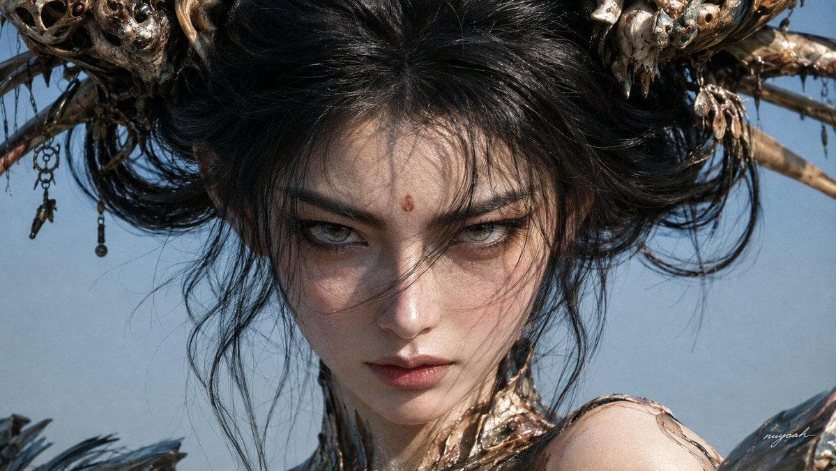 真人电影实拍奇幻角色近景,真实成年东亚女性演员、实体头饰、实物旧化道具与局部特效化妆,自然动态范围,克制冷色电影调色,极轻微细颗粒;16:9横幅,眼睛高度的头肩极近景,约85mm中长焦人像视野感,人物正面居中,脸部占画面高度约六成,头冠向画面左右展开并被上缘部分裁切,肩部在下方截断。人物头部轻微低下、下巴内收,保持真人比例的灰绿色虹膜正视镜头,上眼睑略微下压、下眼睑轻度紧张,浓黑平直眉形,嘴唇只有一道狭窄开口、不露牙,嘴角存在轻微自然不对称;脸型偏窄但保留真实颧骨、下颌骨与咬肌,不使用尖锐V形下巴。浅色真实皮肤具有毛孔、细小绒毛、眼下纹理、鼻翼轻微泛红、局部肤色差异和受光位置的自然皮脂反光,眼白带极淡血丝与湿润高光。黑色长发中分,在头部两侧形成大型盘发轮廓,发束粗细不一,具有自然结团、碎发、毛躁与重力下垂,几缕散发横穿额头和鼻梁但不遮住双眼。额头中央保留不规则暗红椭圆印记;头部左右安装成对的大型有机骨甲冠饰,融合真实兽骨、干燥甲壳和氧化旧铜构件,外伸骨刺与少量破损垂饰具有清晰连接点、重量、磨损和污渍;颈部与肩部的异化结构由旧铜薄片、半透明角质和皮肤组织通过特效化妆自然衔接,…