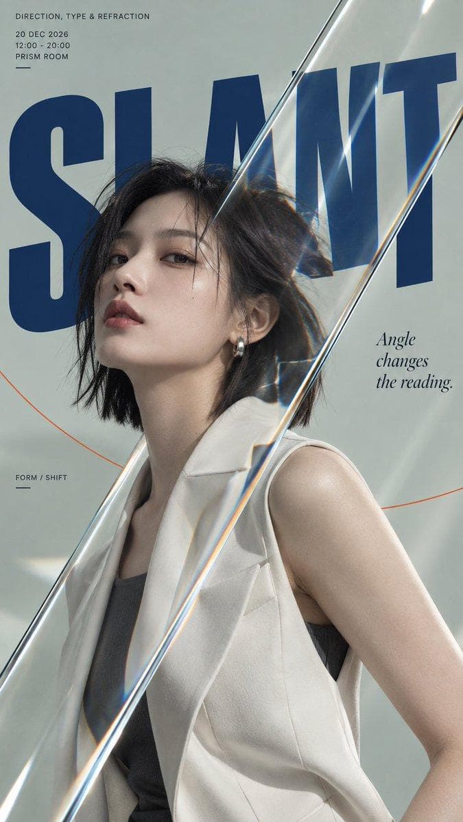 Create a 9:16 editorial poster that combines a fashion portrait, oversized typography, and a transparent optical glass element as the main visual device. The image should feel clean, modern, and high-end, with a realistic studio portrait, a soft minimal background, and a strong graphic design layout. Use one large keyword as the main title, and let the glass physically interact with the portrait, the typography, and the spatial structure of the poster. The glass should not be decorative only. It should actively change what appears behind it through a clear optical rule, such as diagonal refraction, layered displacement, folded redirection, or overlapping double shift. Keep the effect visually readable and physically believable. Use a well-dressed model in a tailored suit, strong but natural editorial lighting, refined typography, and a restrained color palette with one…